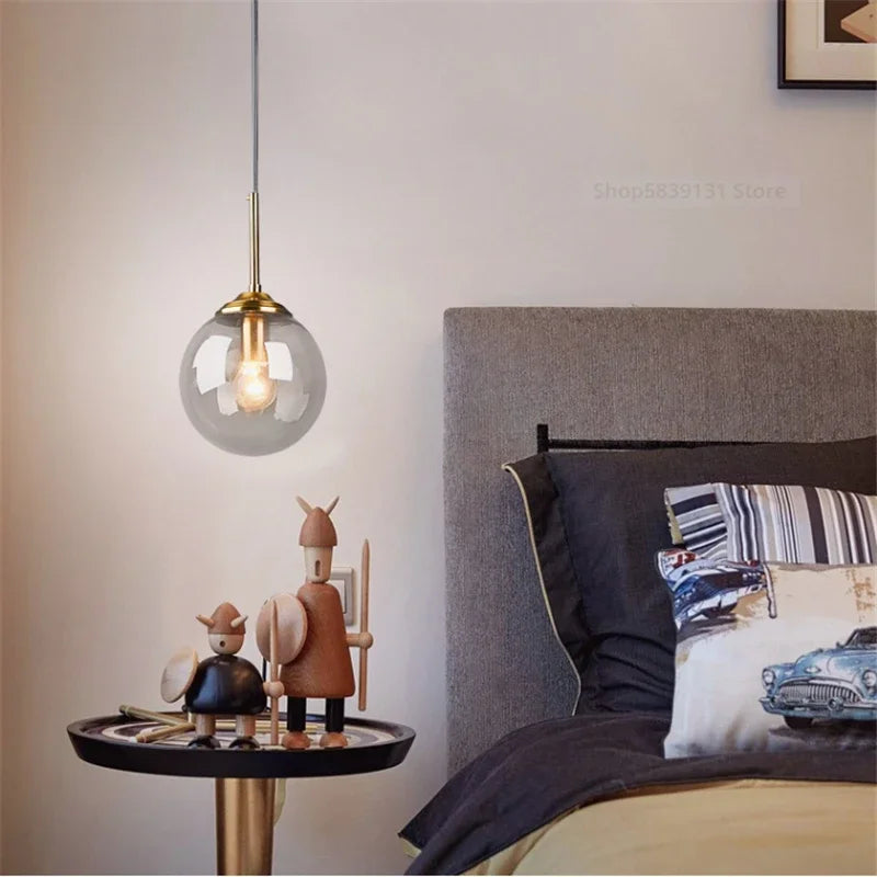 Nordic Modern Gray Glass Ball Island Pendant Lights Vintage Mirror beside Bedroom Lamp Living Room Decor for Home Light Fixtures