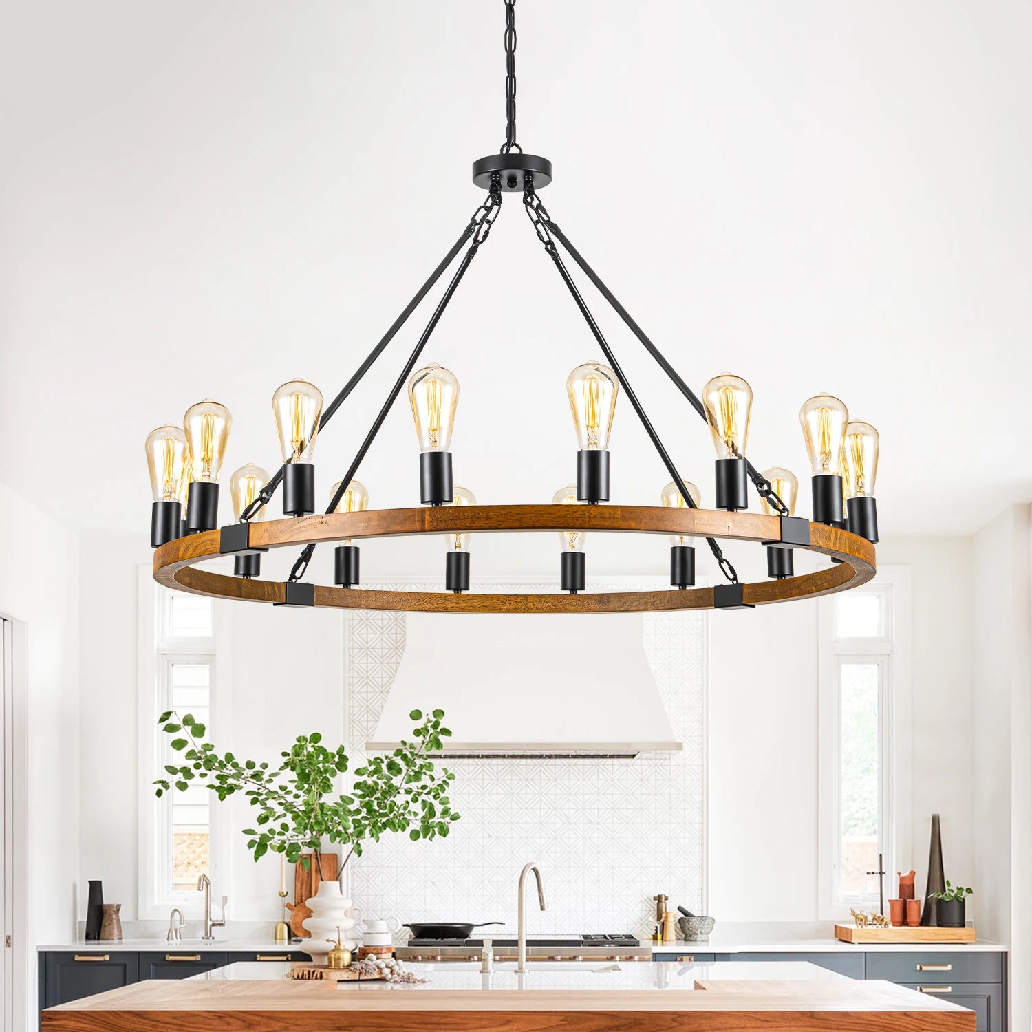 Wood Wagon Wheel Chandelier Farmhouse 16-Light 40’’ Brown, Black Metal Pendant Chandeliers Wooden Vintage Rustic Light Fixtures