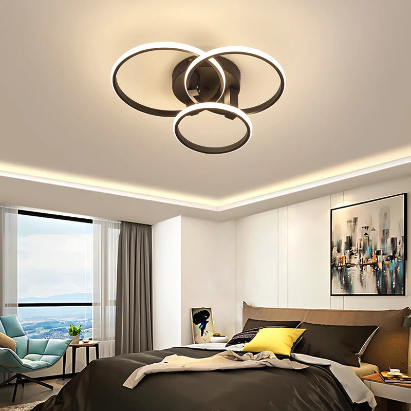 Modern Led Chandelier Lamp RC Dimmable APP Circle Rings for Living Room Bedroom Black/White Ceiling Chandelier Light Fixtures