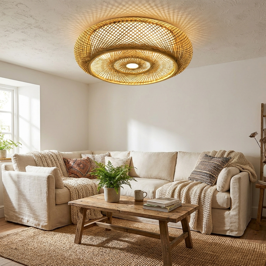 Vintage Rattan Ceiling Light in use