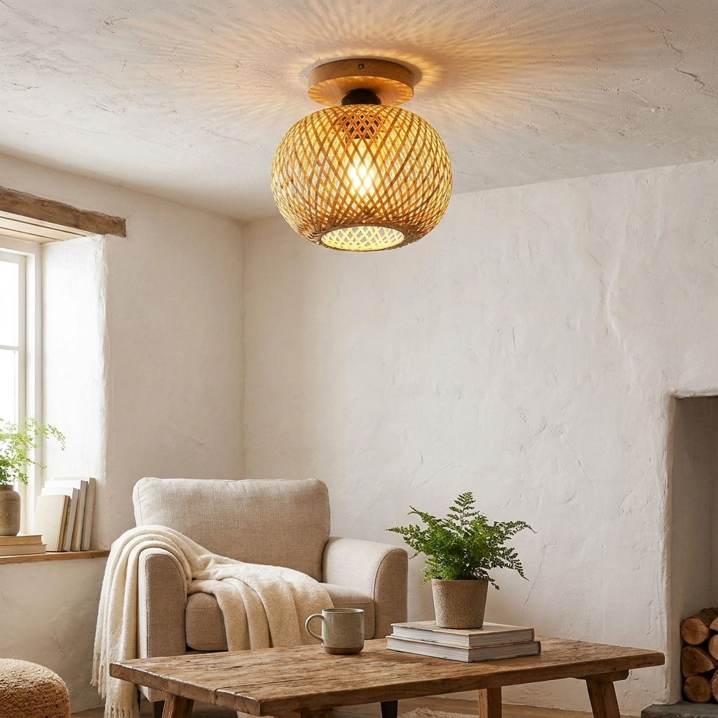 Vintage Rattan Ceiling Light in use