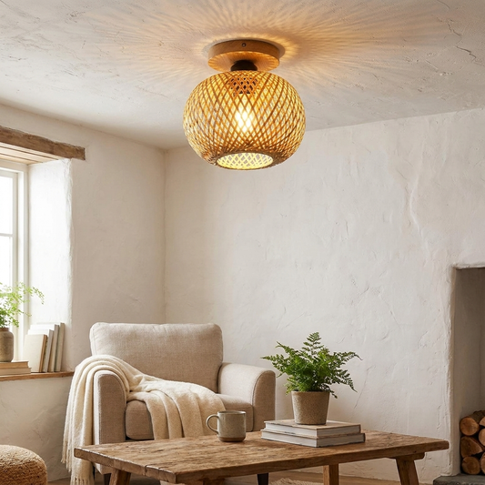 Vintage Rattan Ceiling Light in use