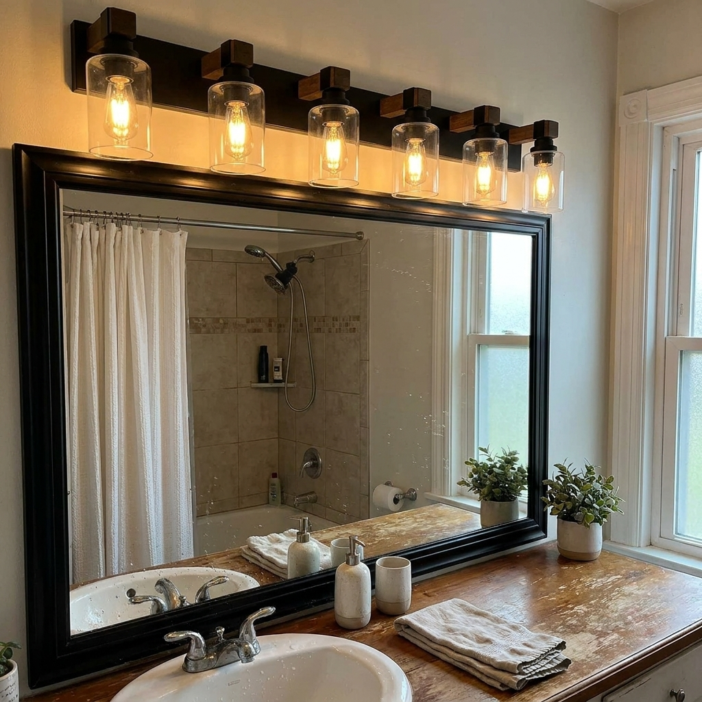 Vintage Wood Vanity Light in use