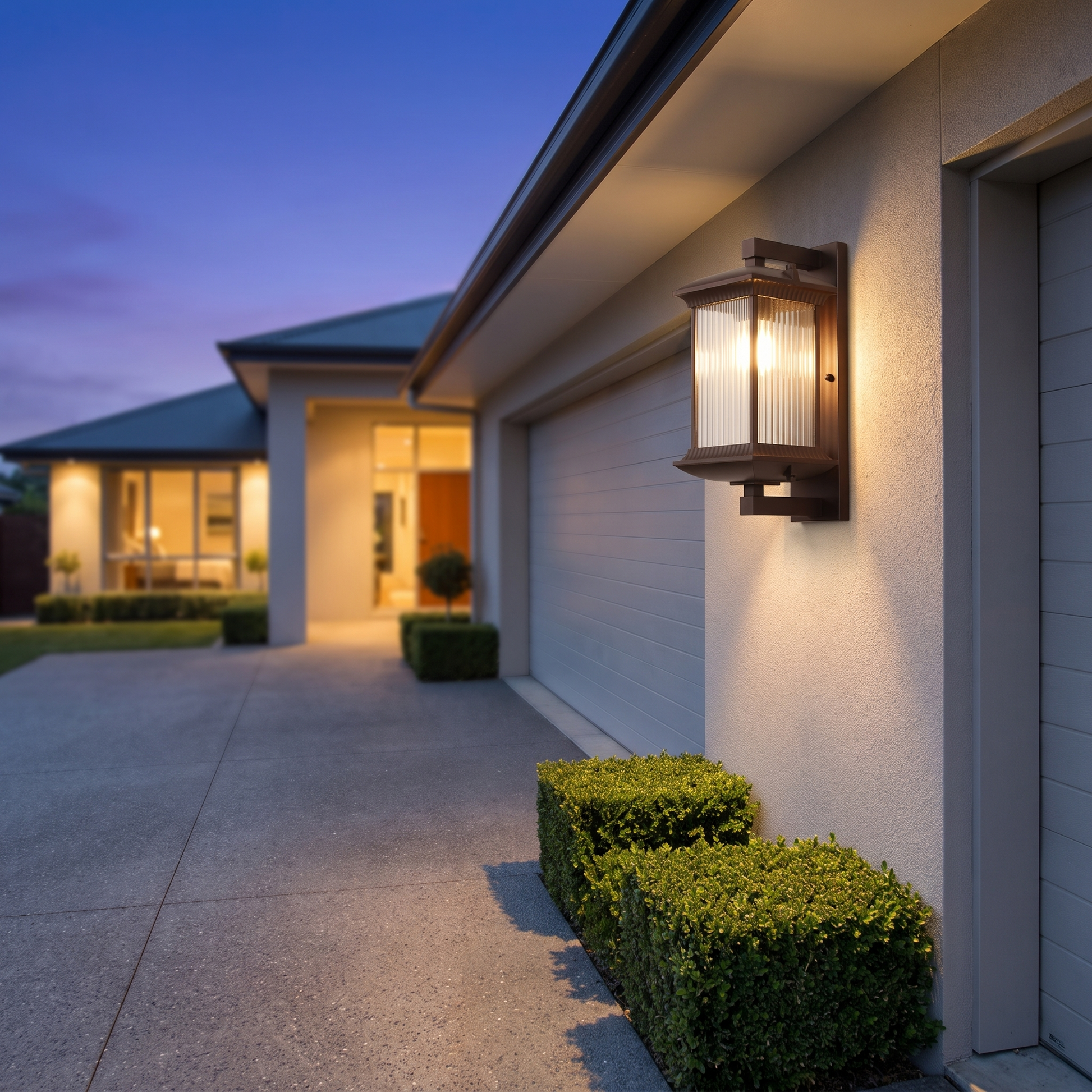 Paragon Dusk-to-Dawn Outdoor Wall Light on a modern home exterior at nightfall