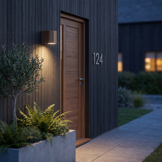 Paragon Bronze Outdoor Wall Light mounted beside a modern front door at dusk