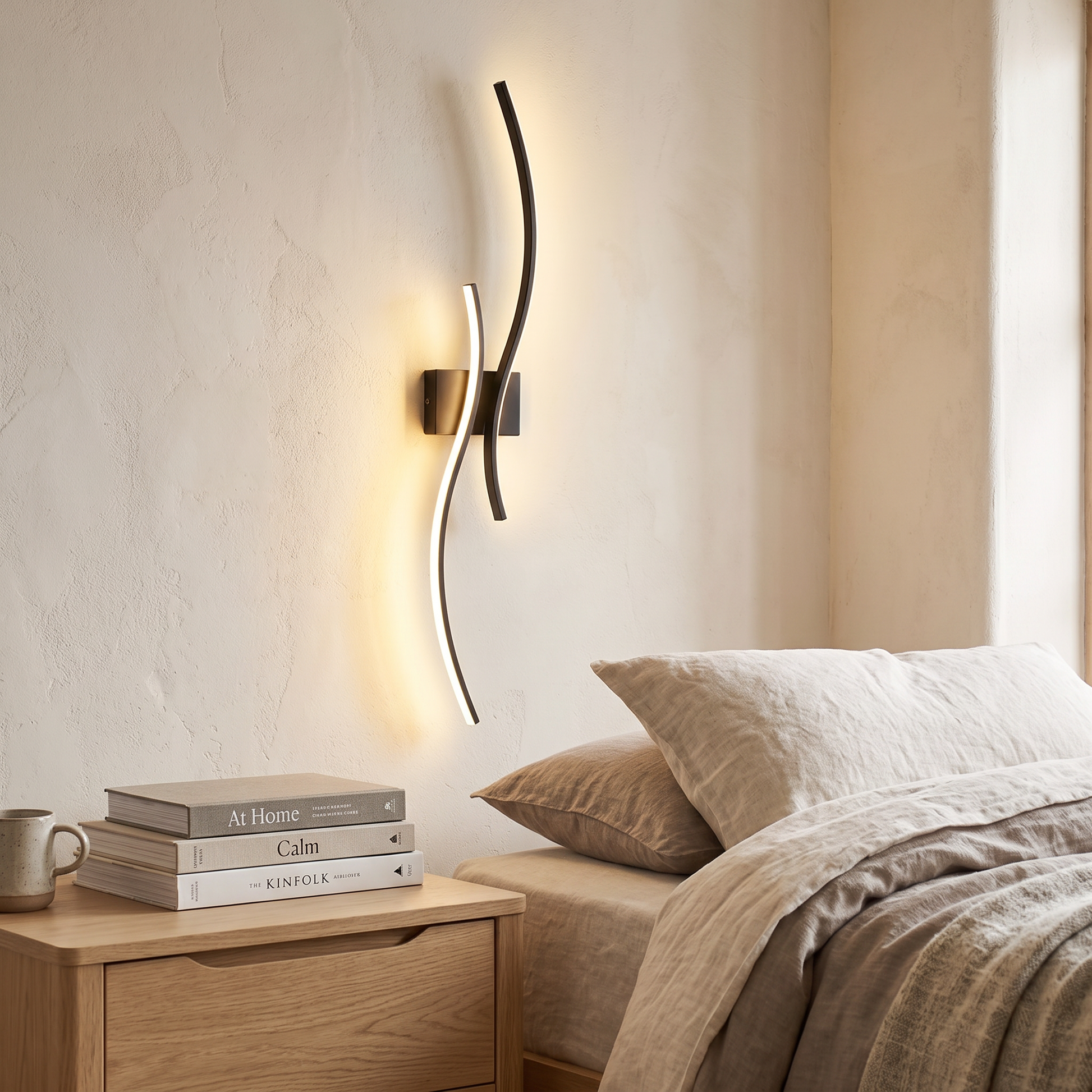 Paragon Nordic Cone Wall Light above a bedside table in a Scandinavian bedroom