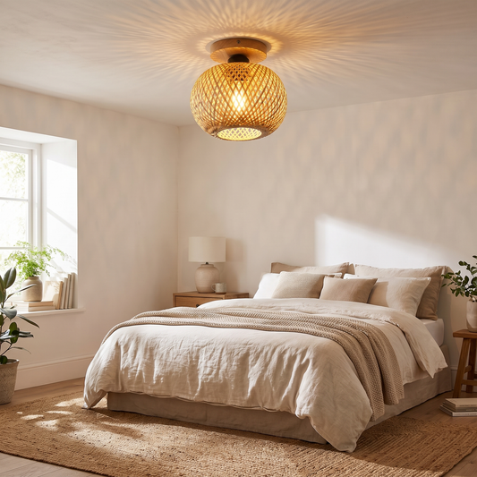 Paragon Woven Rattan Dome Ceiling Light in a coastal bedroom