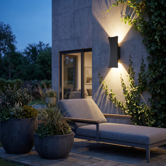 Paragon Matte Black Outdoor Wall Light beside a modern patio in the evening