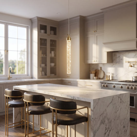Paragon Modern Luxury Pendant Light above a marble kitchen island