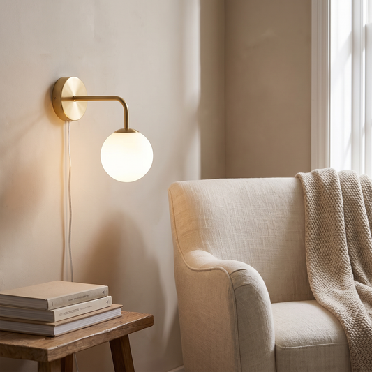 Paragon Walnut Nordic Wall Light in a cozy reading corner
