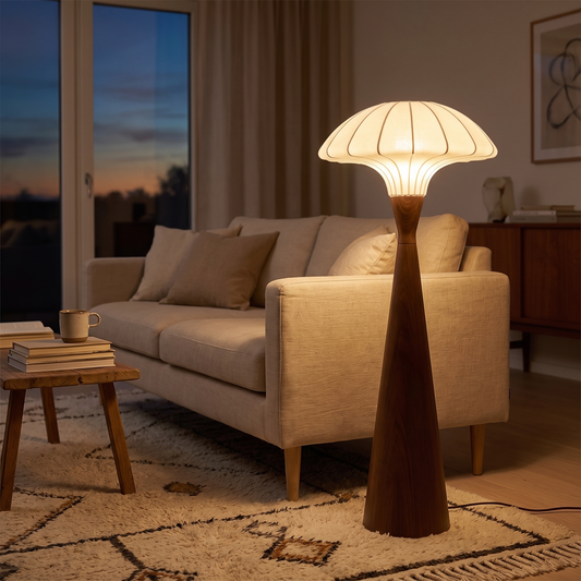 Paragon Vintage Wood Floor Lamp beside a sofa in a living room