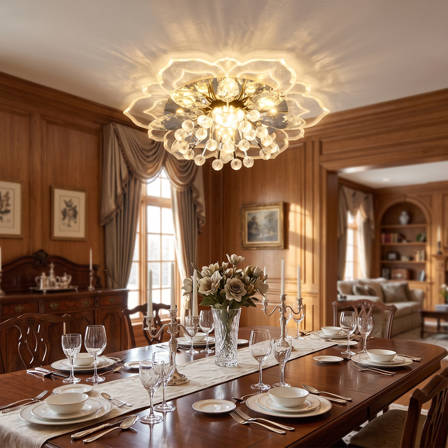 Paragon Crystal Chandelier above a formal dining table