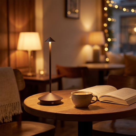 Paragon Dimmable Rechargeable Table Lamp on a cafe table in the evening