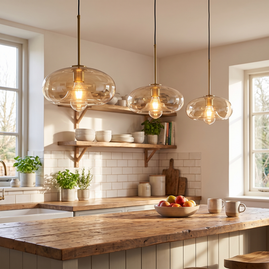 Paragon Nordic Glass Pendant Light over a kitchen breakfast bar