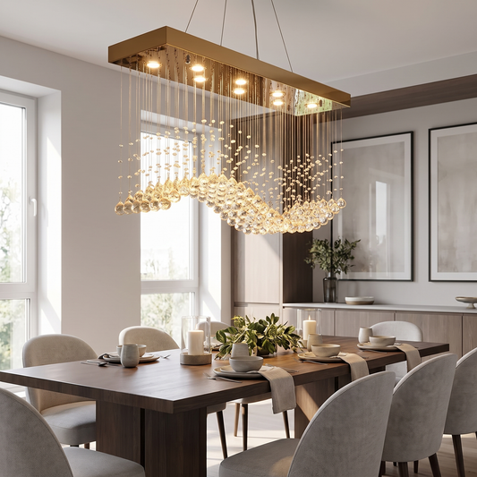 Paragon Modern Crystal Chandelier above a contemporary dining table