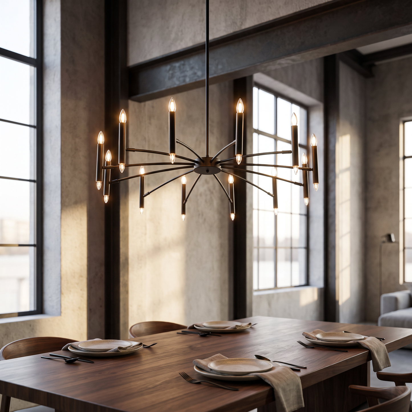 Paragon Matte Black Minimalist Chandelier above a dining table