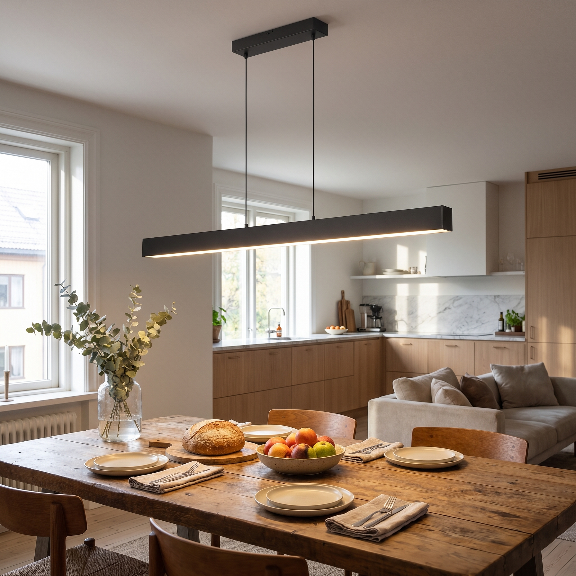 Paragon Modern Linear Chandelier above a long dining table