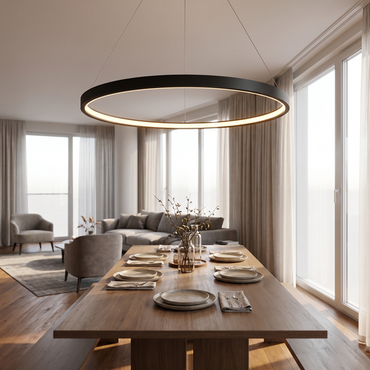 Paragon Modern Ring Chandelier above a contemporary dining table