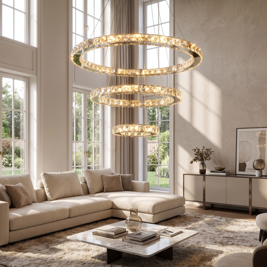 Paragon 3-Ring Crystal Ceiling Chandelier in a modern living room