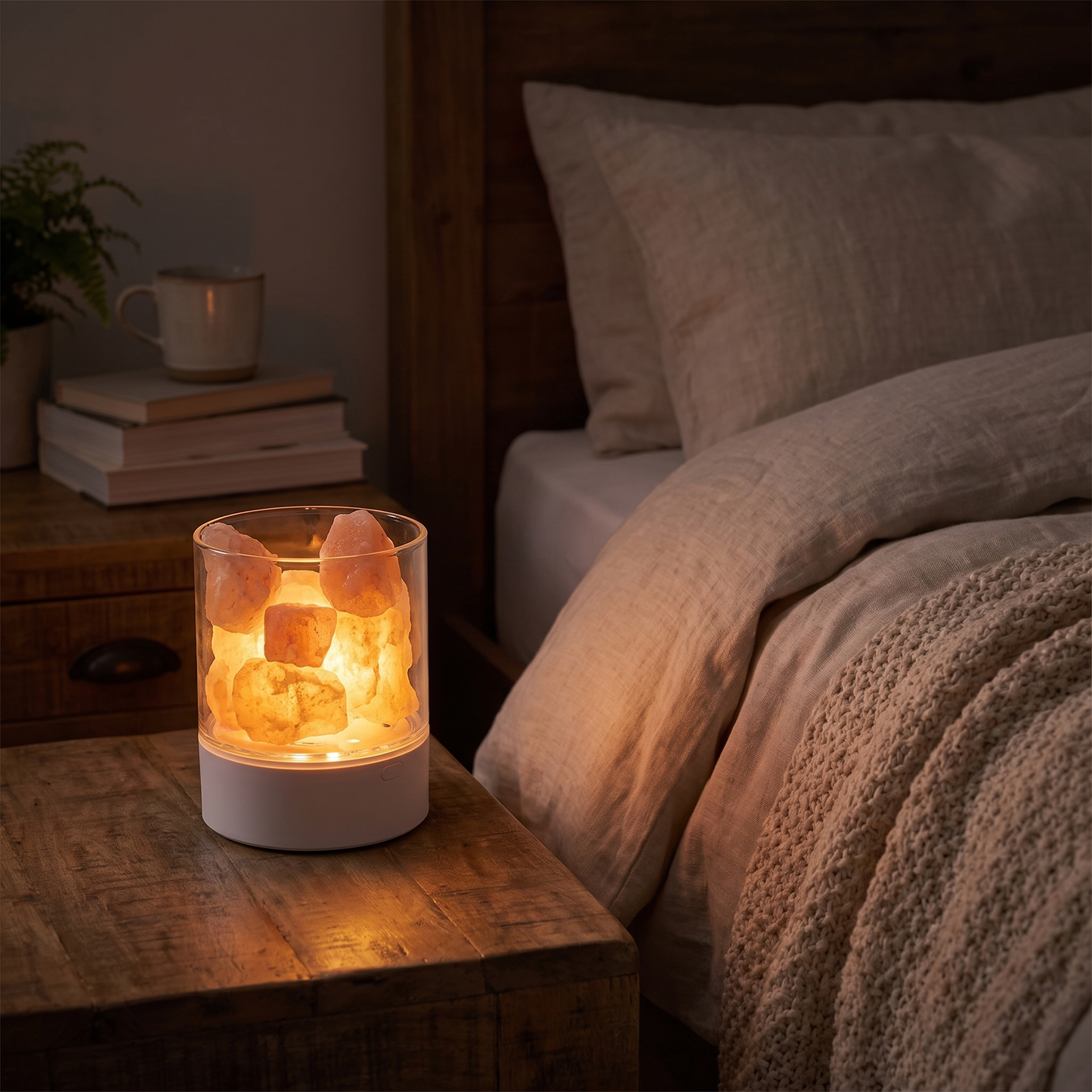 Paragon Himalayan Salt Night Light glowing on a bedside table