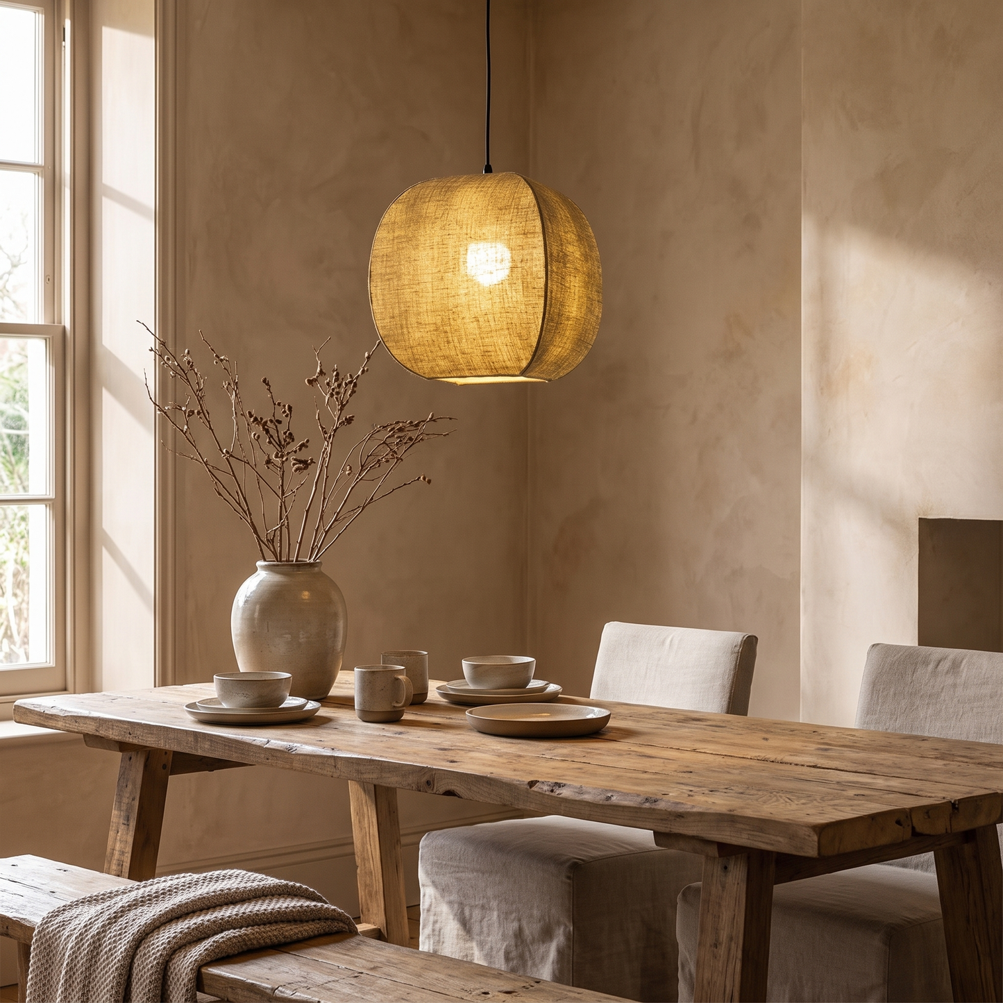 Paragon Nordic Wabi-Sabi Pendant Light above a rustic table