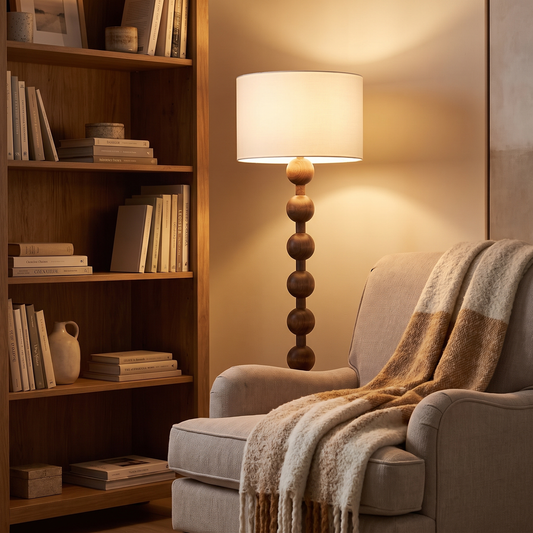 Paragon Vintage Wood Fabric Floor Lamp beside an armchair