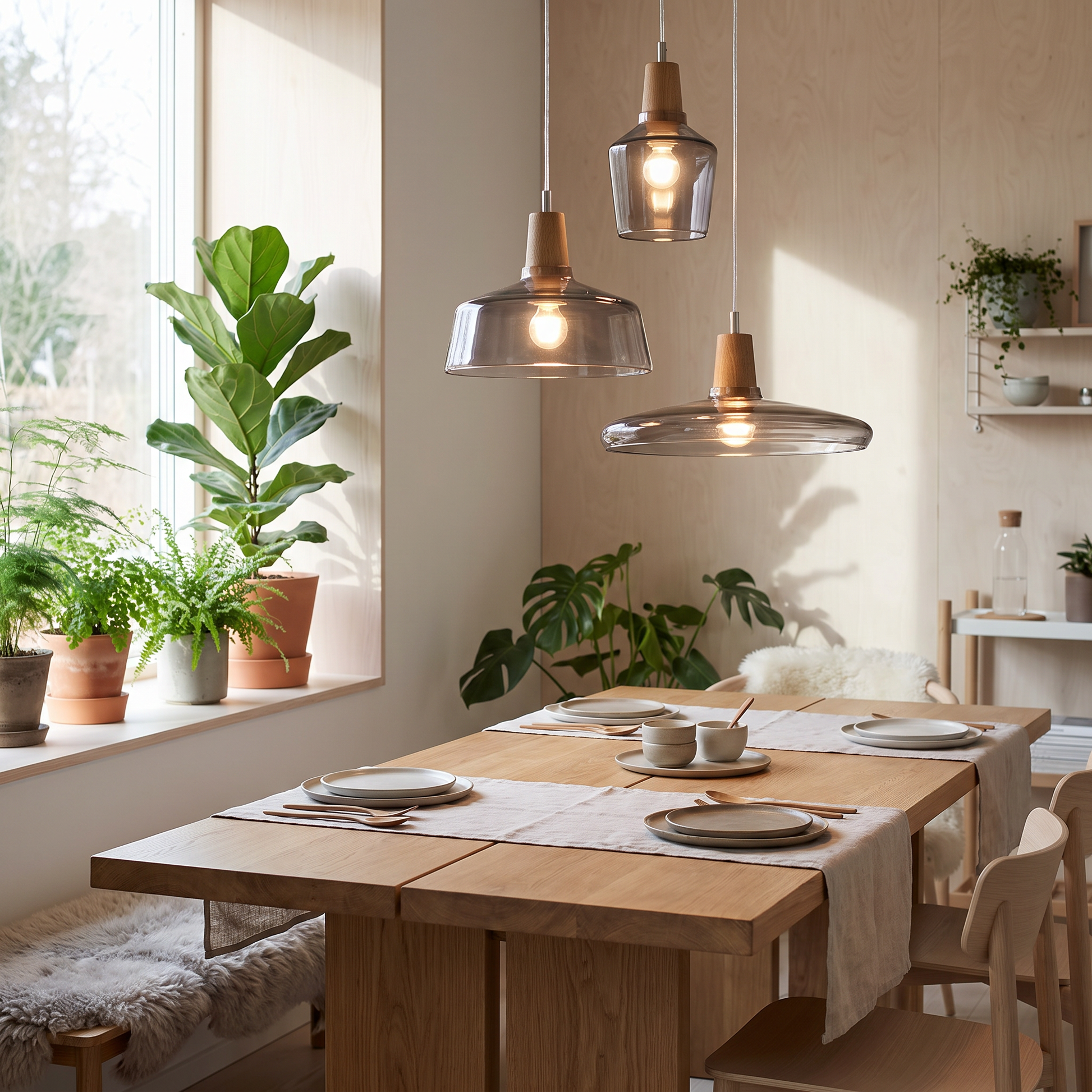 Paragon Nordic Wood and Glass Pendant Light above an oak dining table