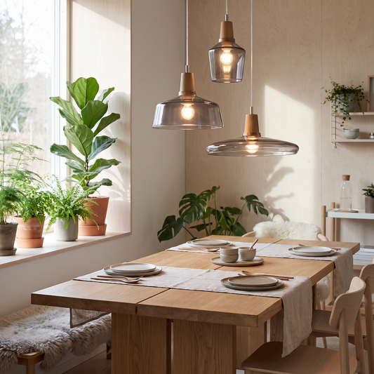 Paragon Nordic Wood and Glass Pendant Light above an oak dining table