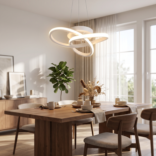 Paragon Tri-Color LED Chandelier above a modern dining table