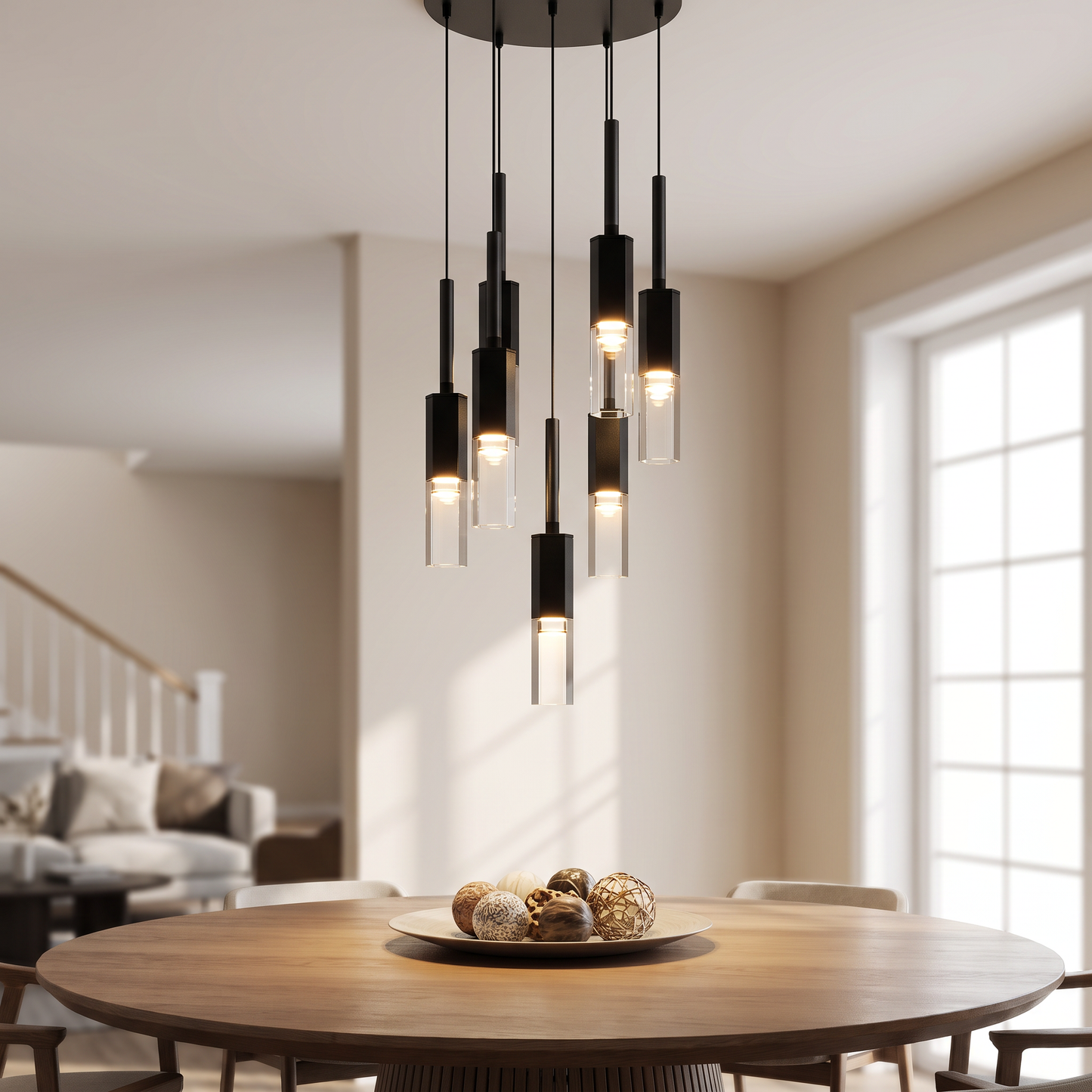 Glass Cluster Pendant Light above a round dining table