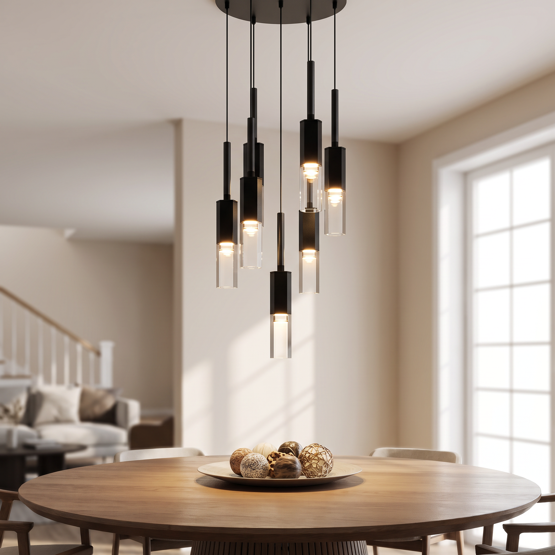 Glass Cluster Pendant Light above a round dining table