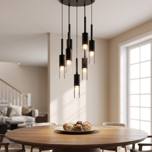 Glass Cluster Pendant Light above a round dining table