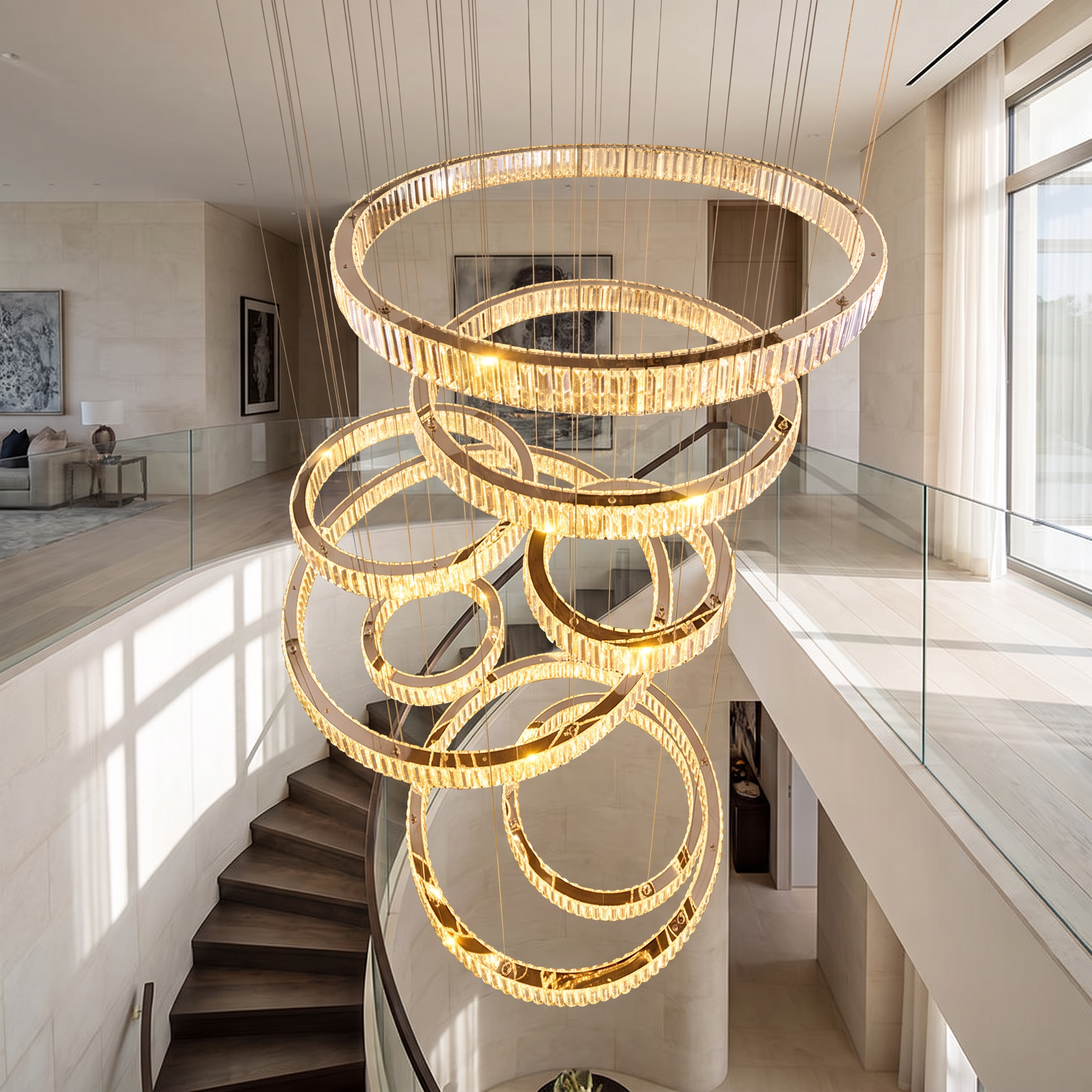 Crystal Ring Stair Chandelier in a double-height stairwell