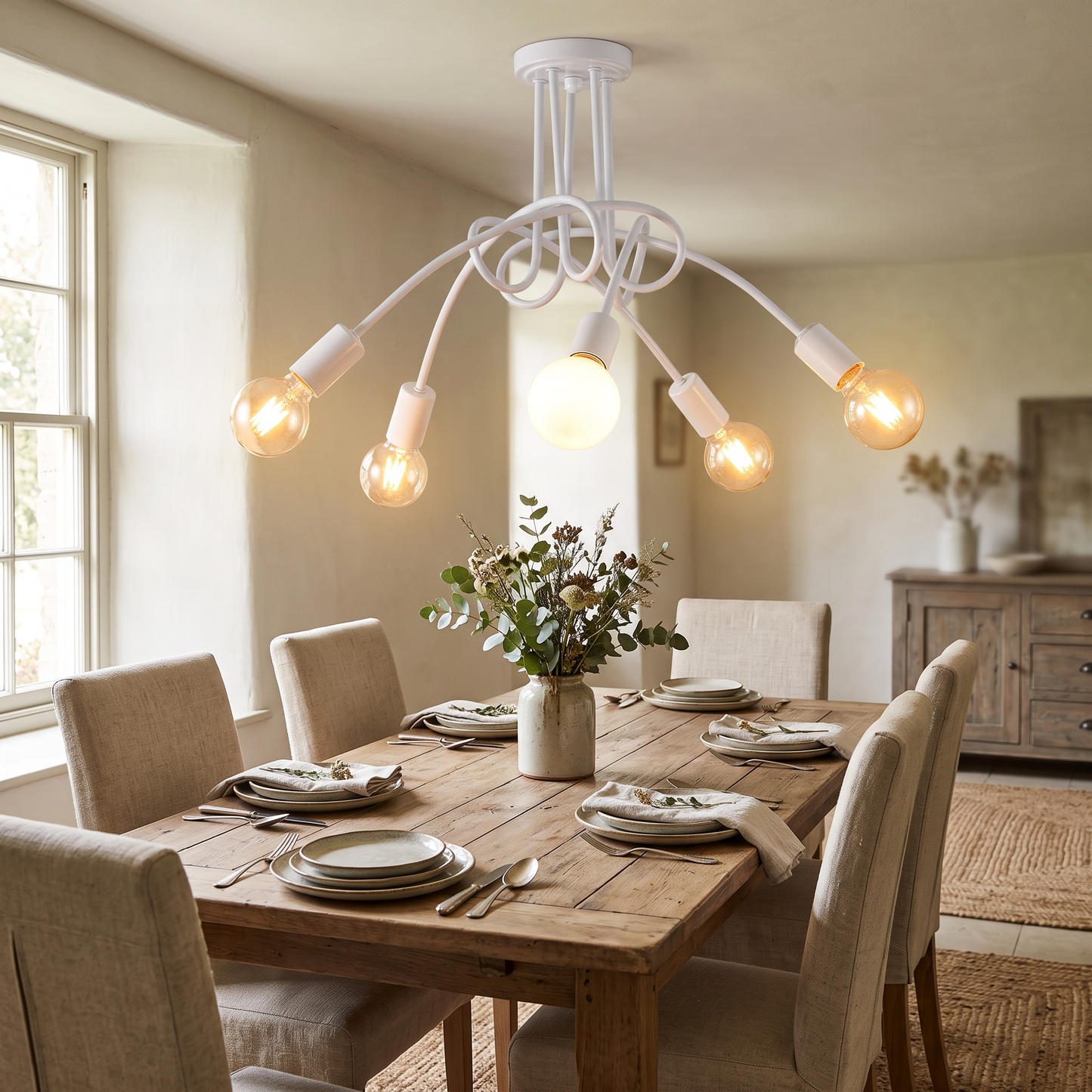 Retro Iron Cage Ceiling Chandelier in a farmhouse dining room