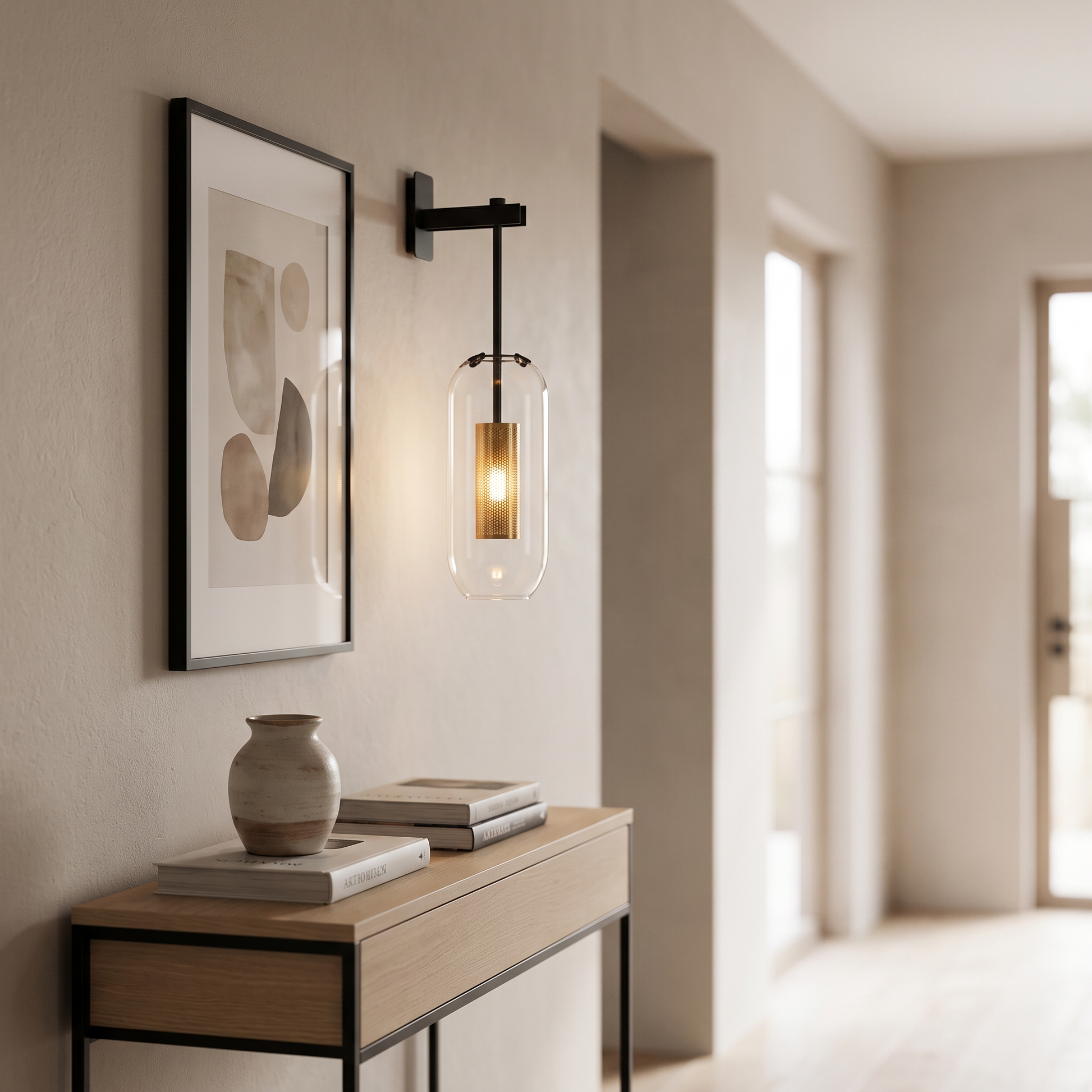 Modern Glass Wall Sconce in a contemporary hallway