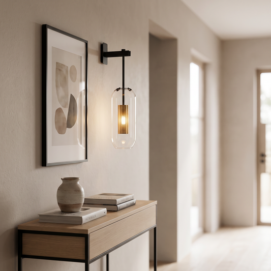 Modern Glass Wall Sconce in a contemporary hallway