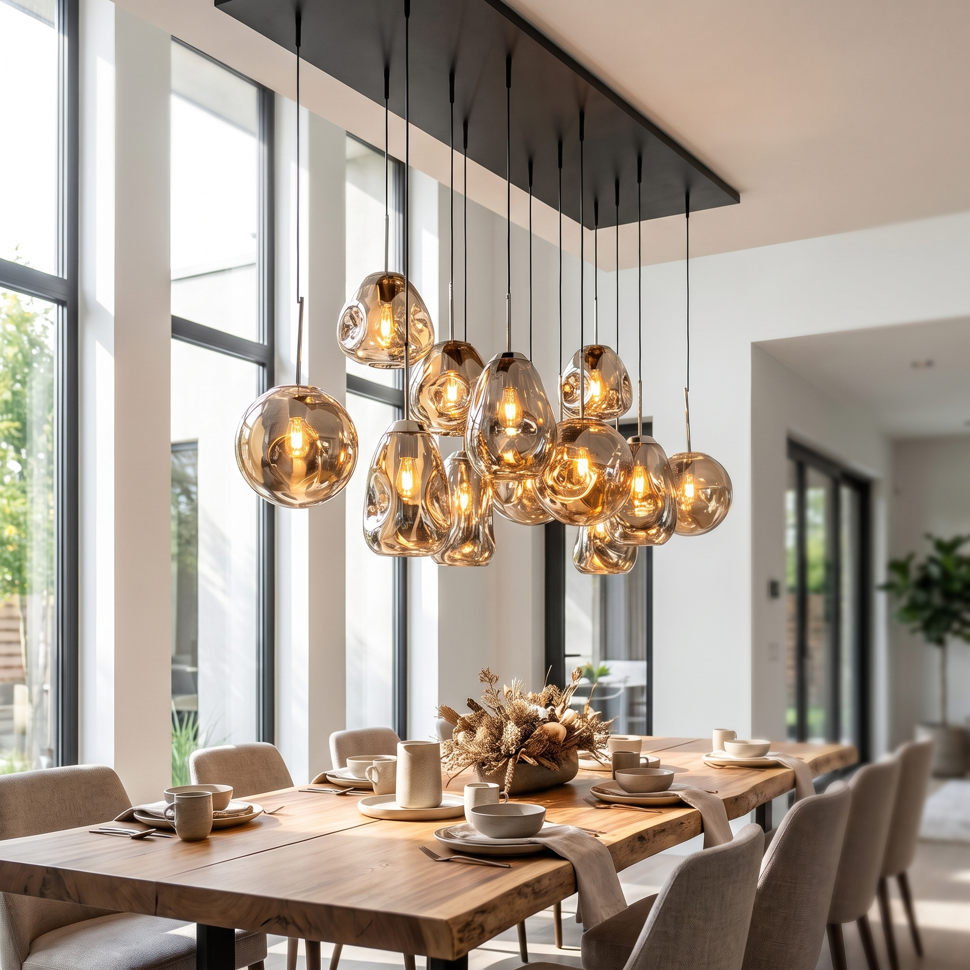 Modern Glass Globe Pendant Chandelier above a dining table