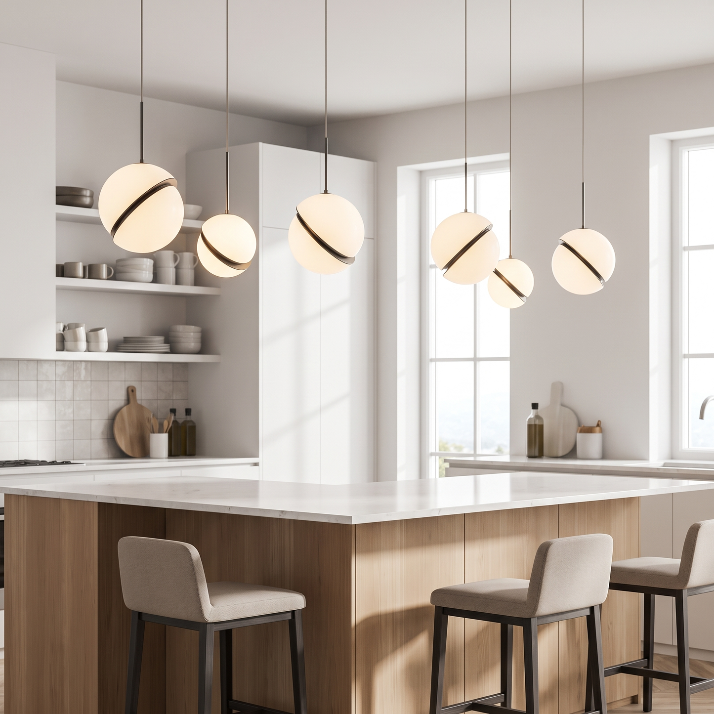 Glass Dome Mini Pendant Lights above a kitchen island
