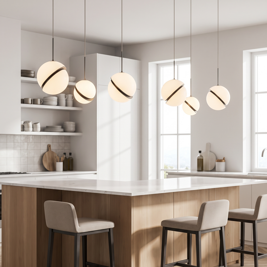 Glass Dome Mini Pendant Lights above a kitchen island