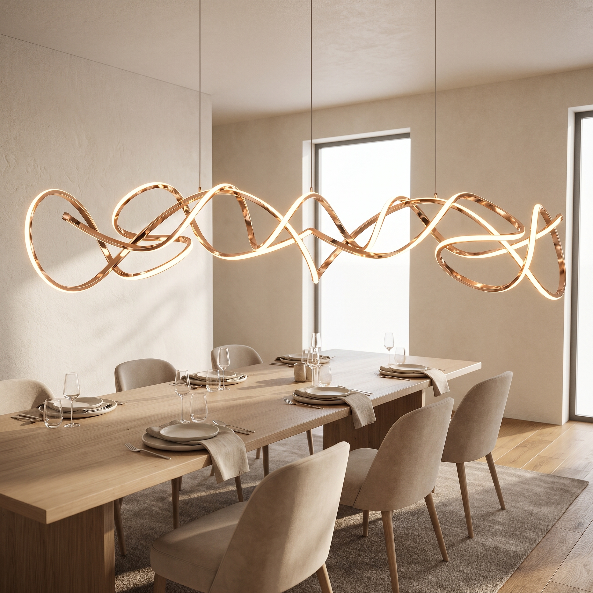 Rose Gold Linear Chandelier above a long dining table