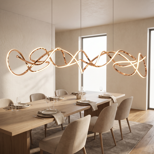 Rose Gold Linear Chandelier above a long dining table