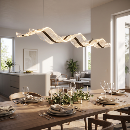Linear LED Dining Chandelier above a set dining table
