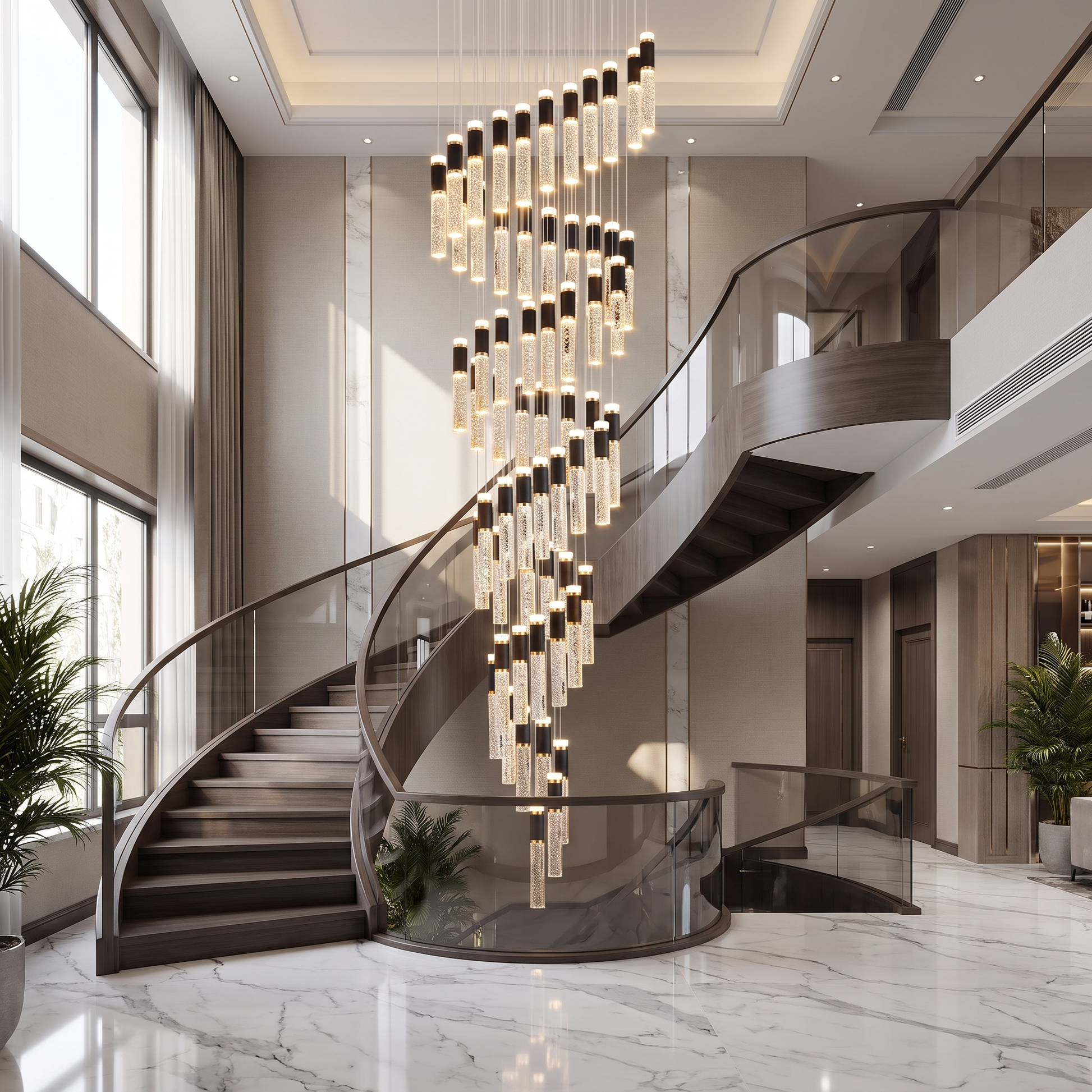 Crystal Cascade Stair Chandelier in a grand stairwell
