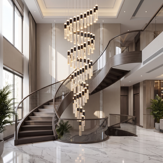 Crystal Cascade Stair Chandelier in a grand stairwell