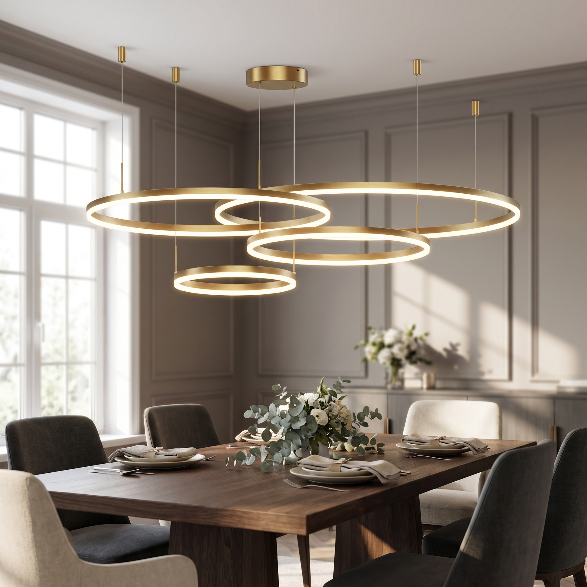 Brushed Ring LED Pendant Light above a dining table