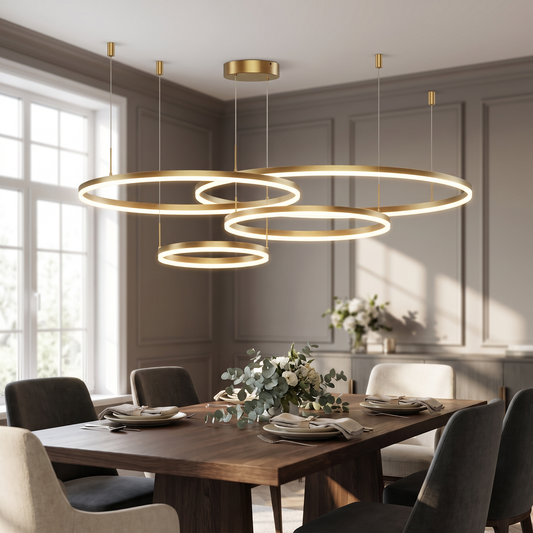 Brushed Ring LED Pendant Light above a dining table